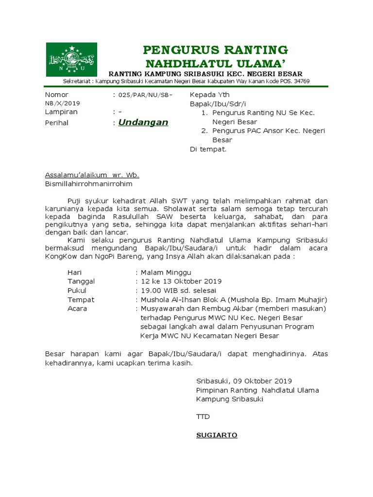 Undangan Musyawarah Ranting NU | PDF