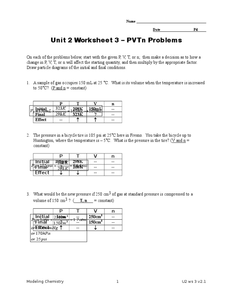 12 - WS - Unit 2 Ws 3-Key | PDF | Gases | Pressure