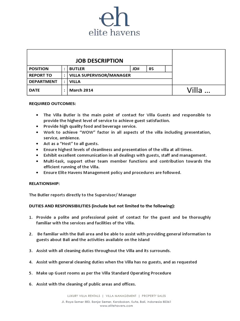 Elite Havens Management Butler Job Description 2014 Download Free