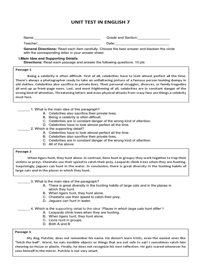 English 7 Unit Test: Main Ideas & Vocabulary | PDF | Supermarket ...