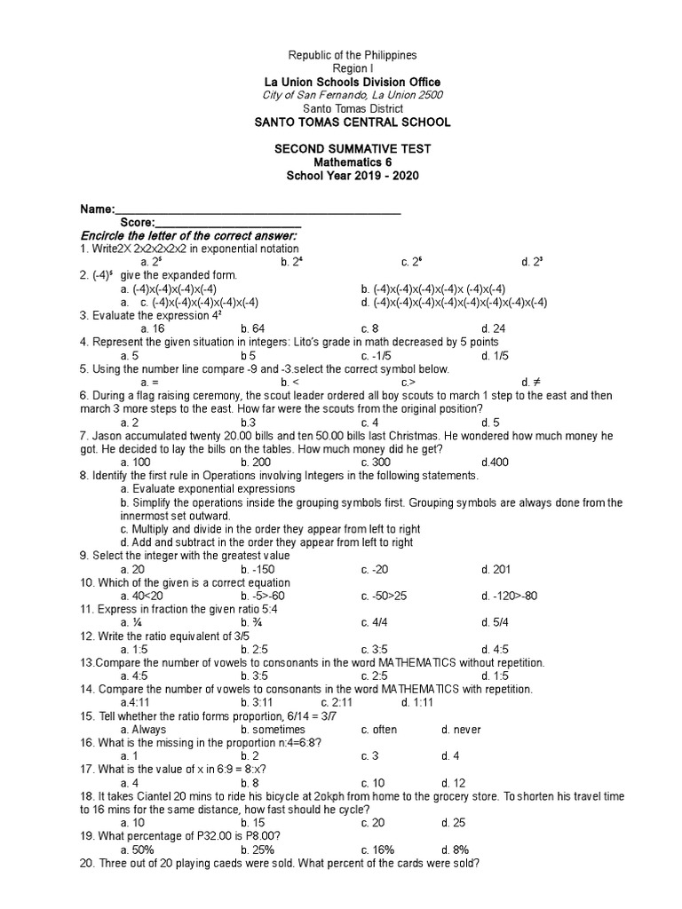 Math 6 TQ - Summative | PDF | Ratio | Numbers