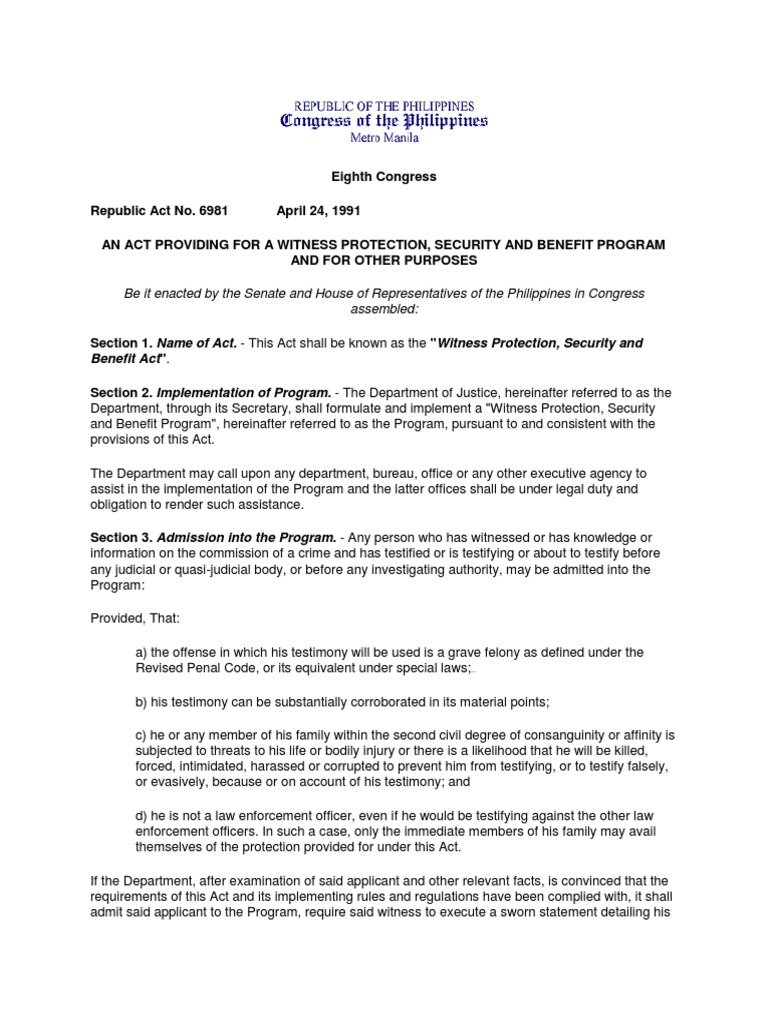 RA 6981: Witness Protection Act Summary | PDF | Prosecutor | Perjury