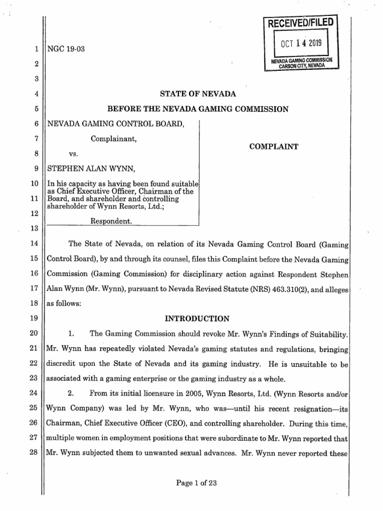 Nevada Gaming Control Board Complaint Steve Wynn PDF