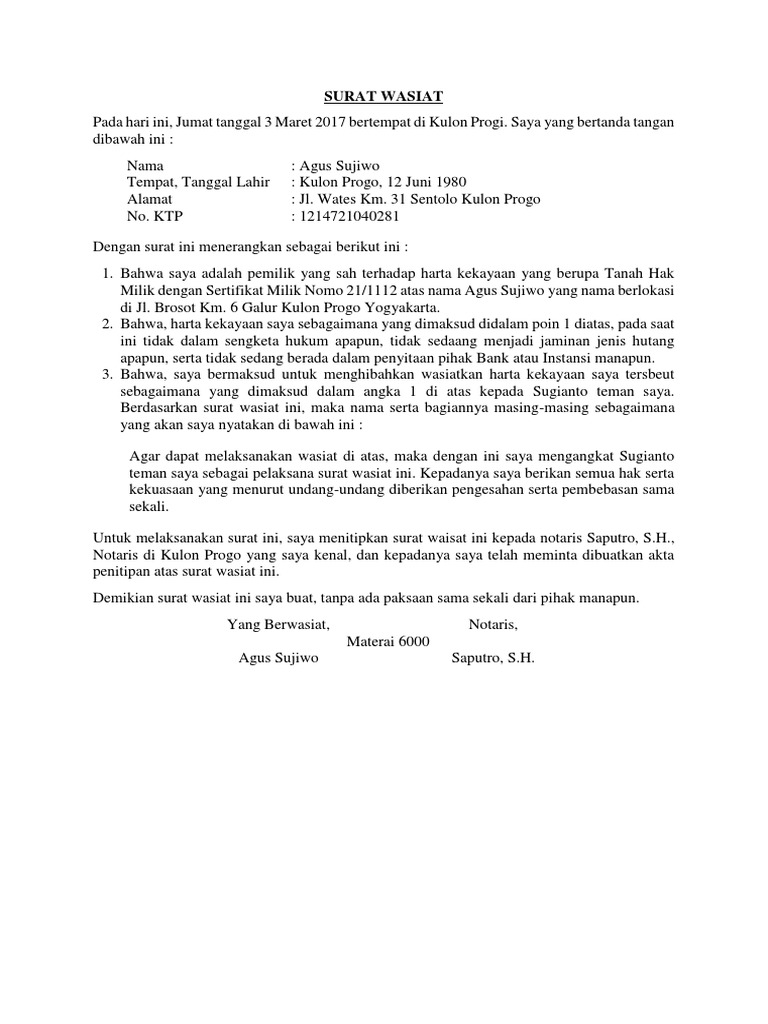 Contoh Surat Wasiat Nusagates