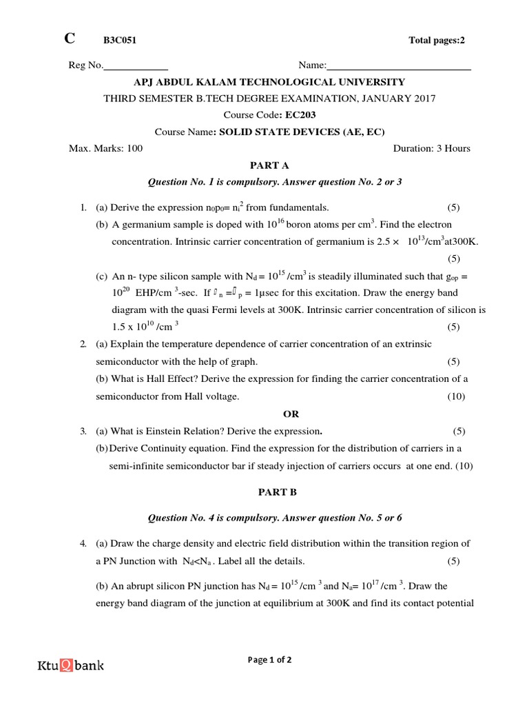 Solid State Devices Exam Questions | PDF | Semiconductors | P–N Junction