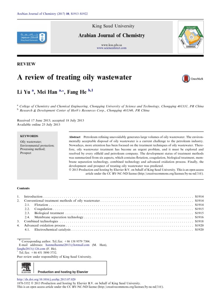 A review of treating oily wastewater arabian journal of chemistry