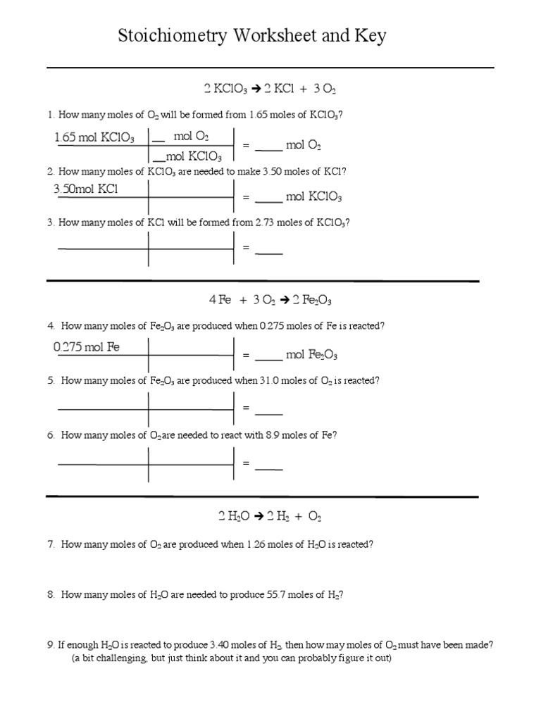 Stoichiometry 1 Worksheet and Key | Mole (Unit) | Numbers
