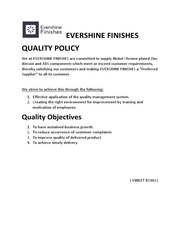 Evershine Finishes Quality Commitment | PDF | Business