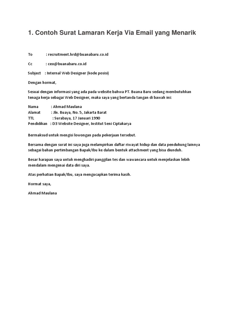 Contoh Surat Lamaran Kerja Lengkap 2019
