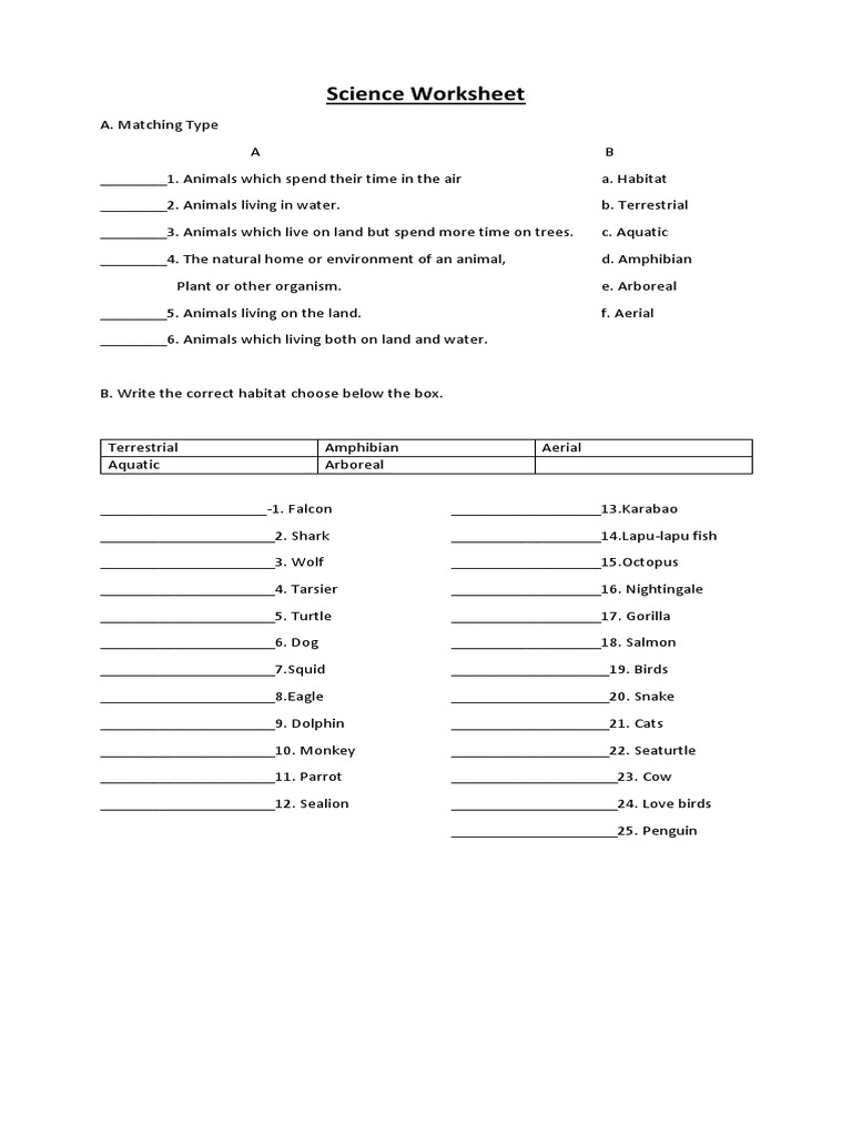 Science Worksheet: Animal Habitats Matching | PDF | Science ...