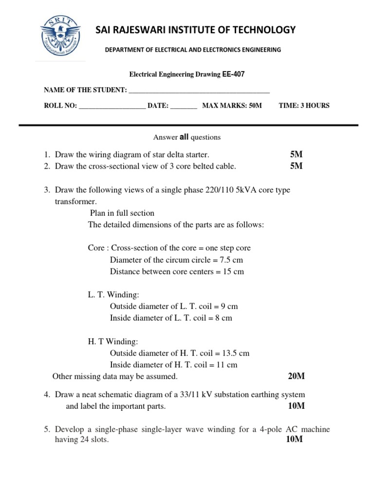Electrical Engineering Drawing Exam | PDF