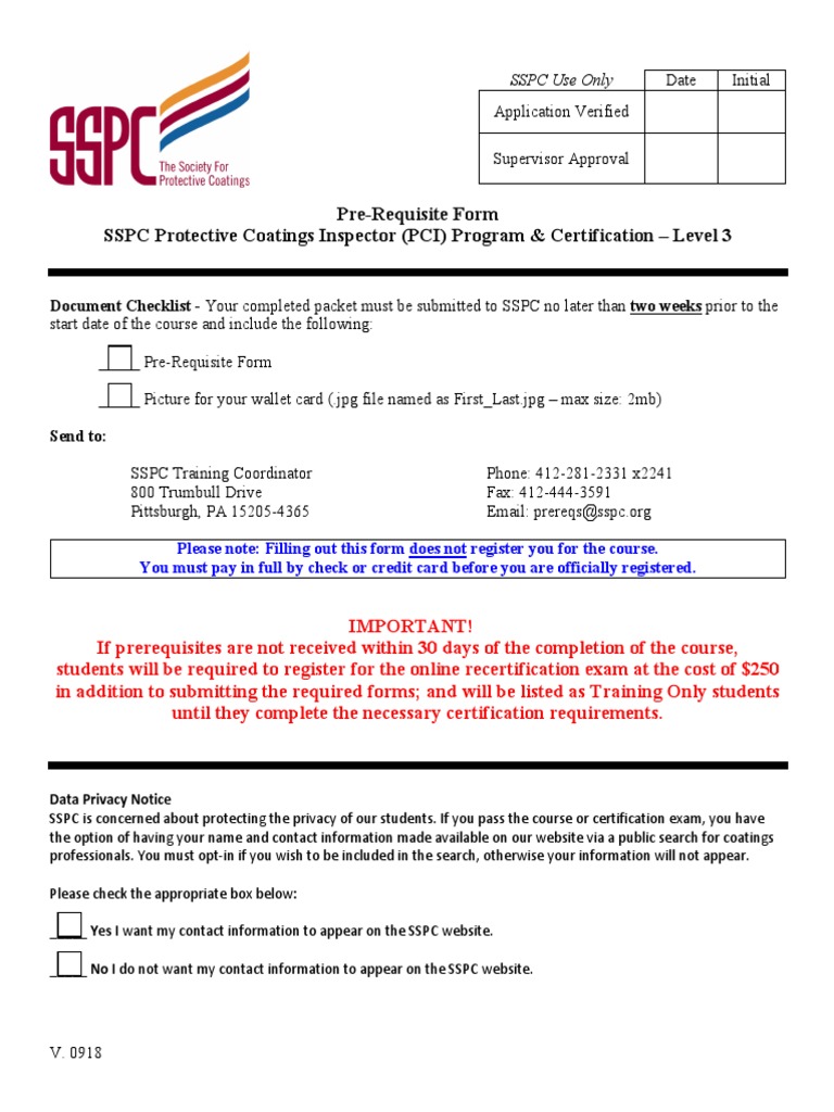 Pre-Requisite Form SSPC Protective Coatings Inspector (PCI) Program ...