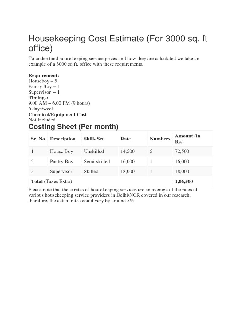 Housekeeping Cost Estimate PDF