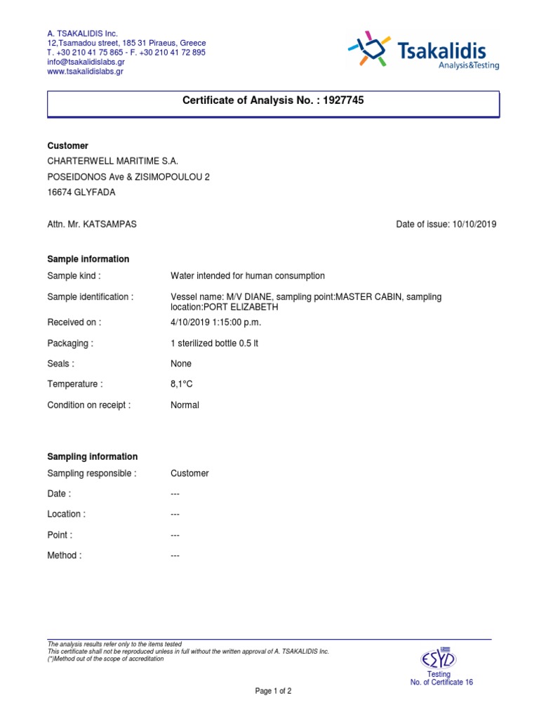 Certificate of Analysis No.: 1927745: Customer | PDF | Chlorine | Manganese