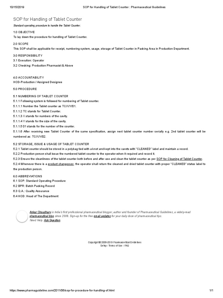 SOP For Handling of Tablet Counter Pharmaceutical Guidelines PDF