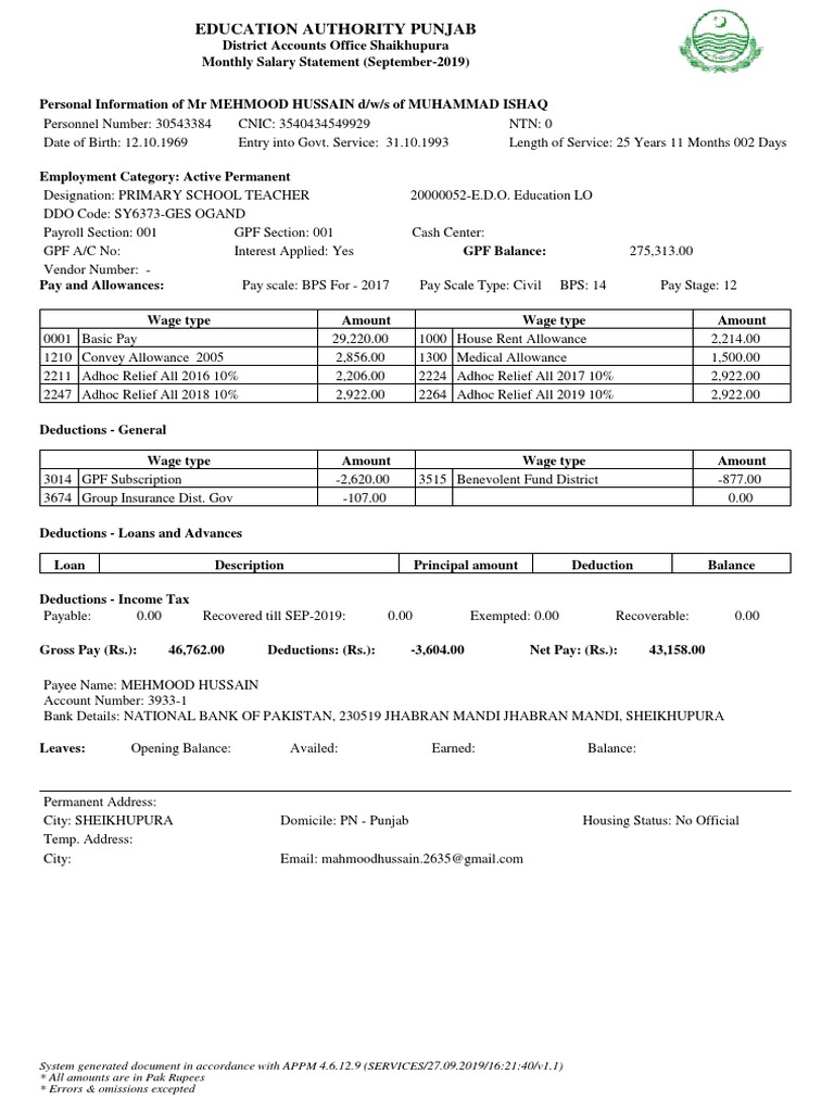 Monthly Salary Statement for Primary School Teacher Mr. Mehmood Hussain