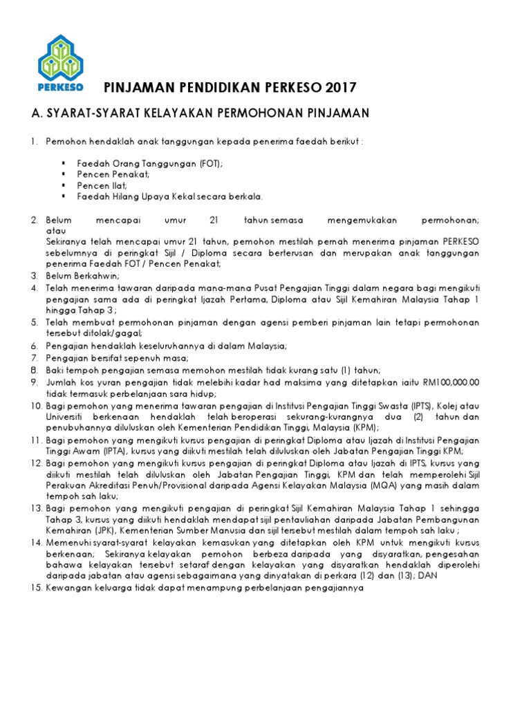 Pinjaman Pendidikan Perkeso 2017  PDF