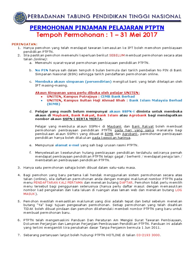 Ptptn Education Loan May 2017 Intake Pdf
