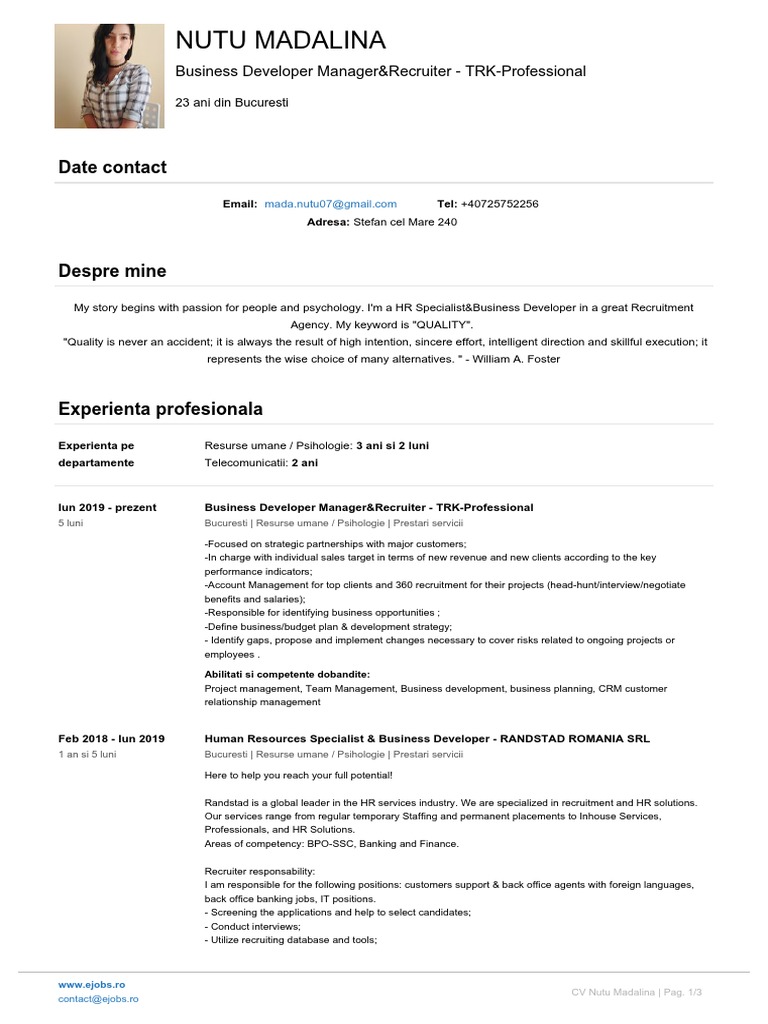 Cv Nutu Madalina Recruitment Human Resources