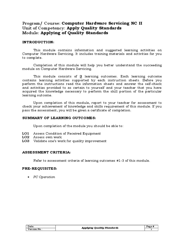 Program/ Course: Computer Hardware Servicing NC II Unit of Competency ...