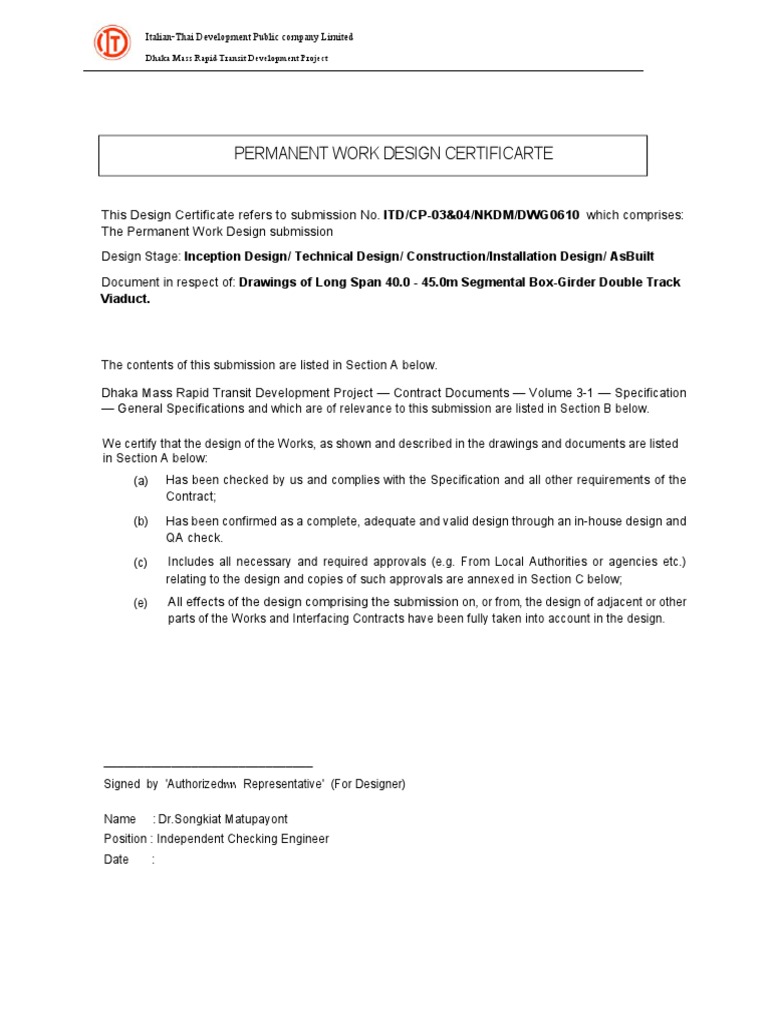 Permanent Design Certificate for MRT Project | PDF | Specification ...