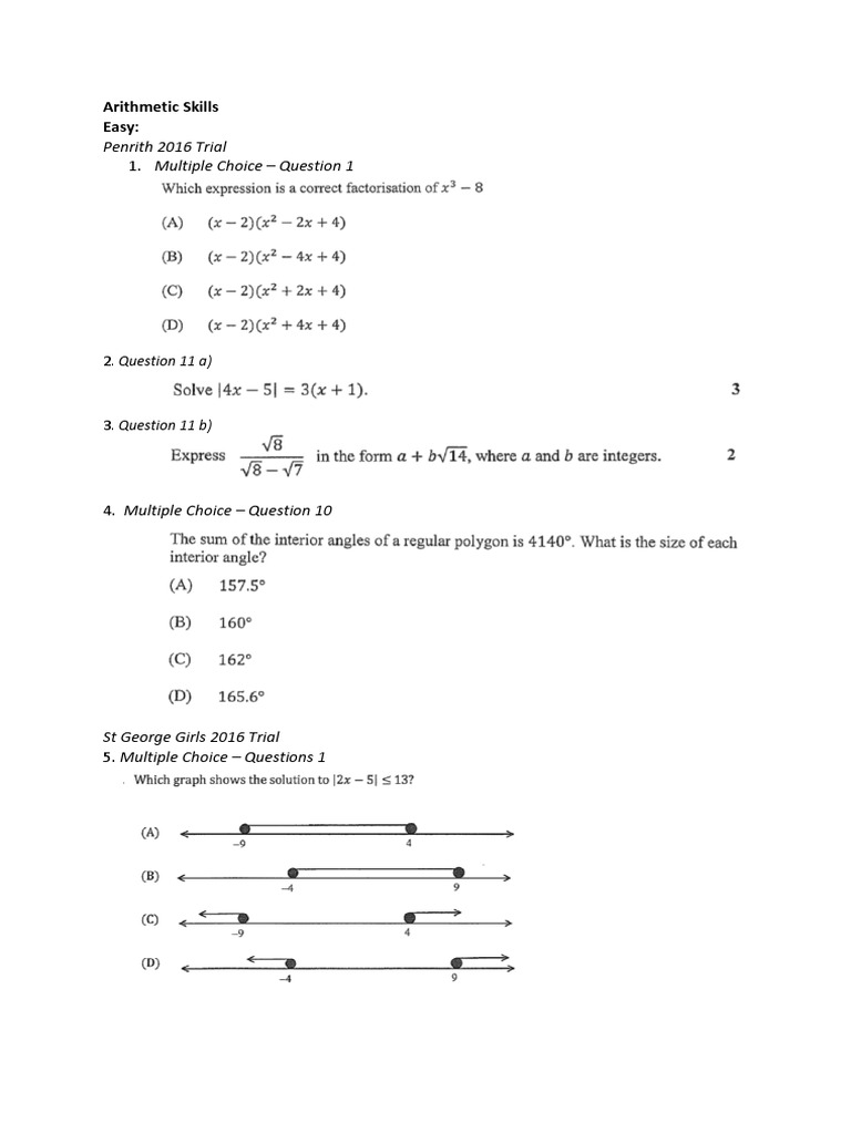 2016 Arithmetic Skills Trial Questions | PDF