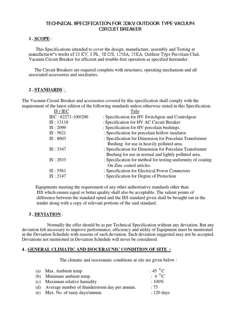 Specification For 33KV VCB PDF | PDF | Insulator (Electricity) | Switch