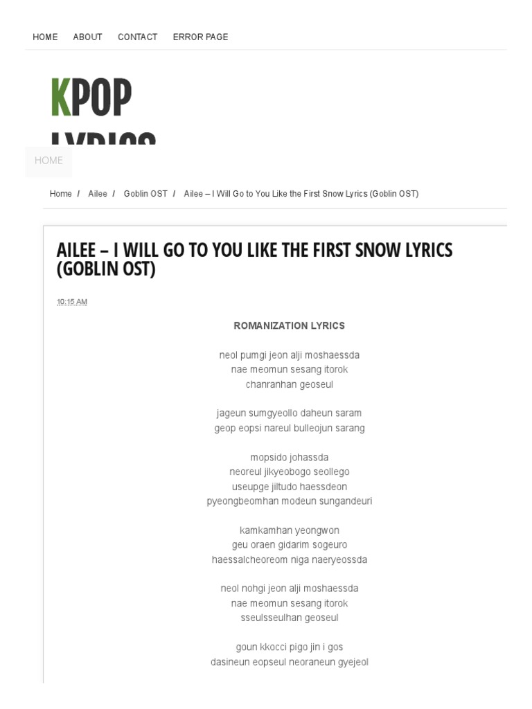 Ailee I Will Go To You Like The First Snow Lyrics Goblin Ost Kpop Lyrics 2 You Pdf Leisure