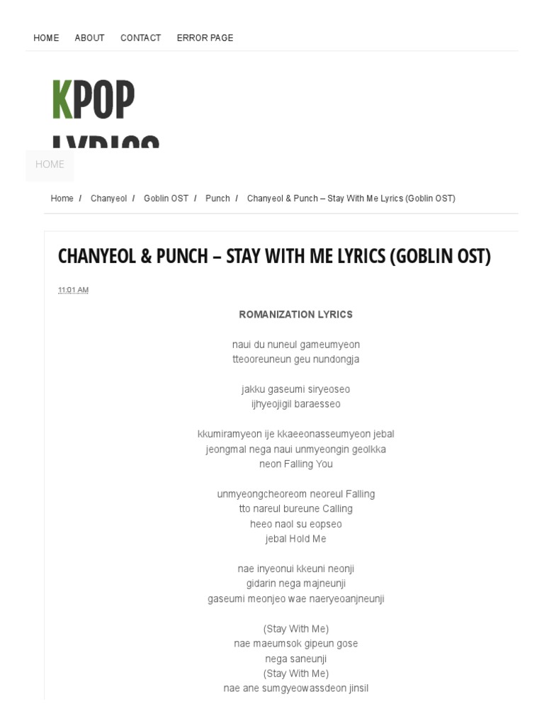 Chanyeol & Punch - Stay With Me Lyrics (Goblin Ost) - Kpop Lyrics 2 You |  Pdf