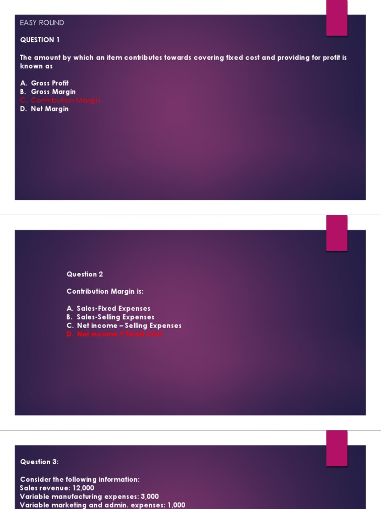 Contribution Margin Practice Questions Calculating Break Even Point