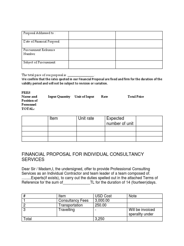 Item Unit Rate Expected Number of Unit: Financial Proposal For ...