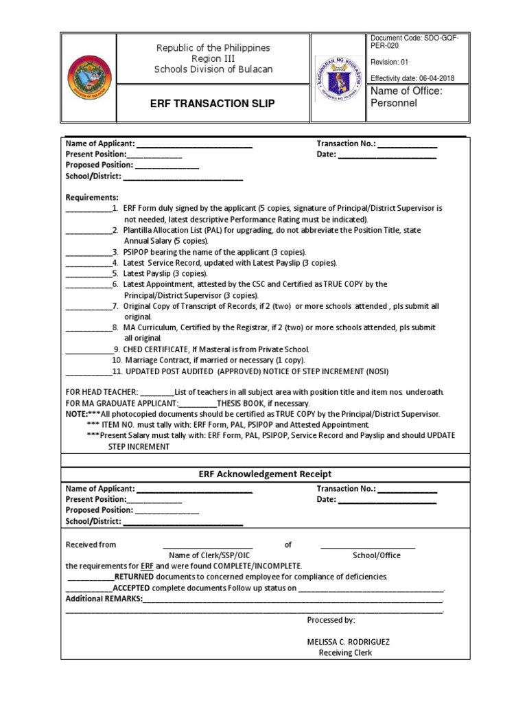 Erf Transaction Slip Name of Office: Personnel | PDF | Government ...