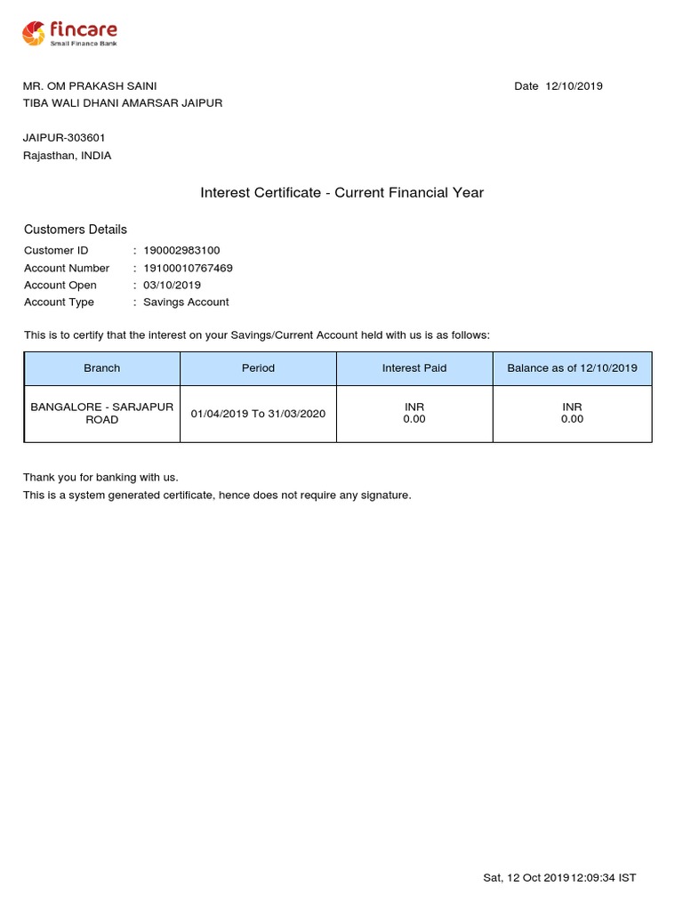Interest Certificate - Current Financial Year: Customers Details | PDF