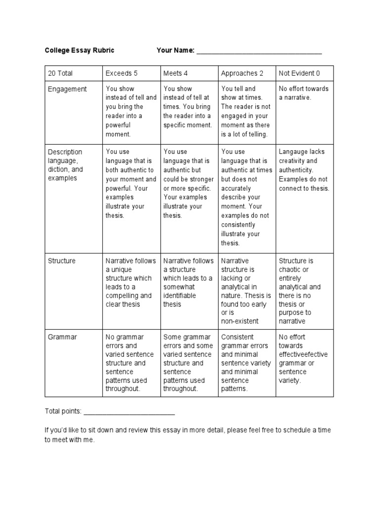 College Essay Rubric Your Name | PDF | Narrative | Essays