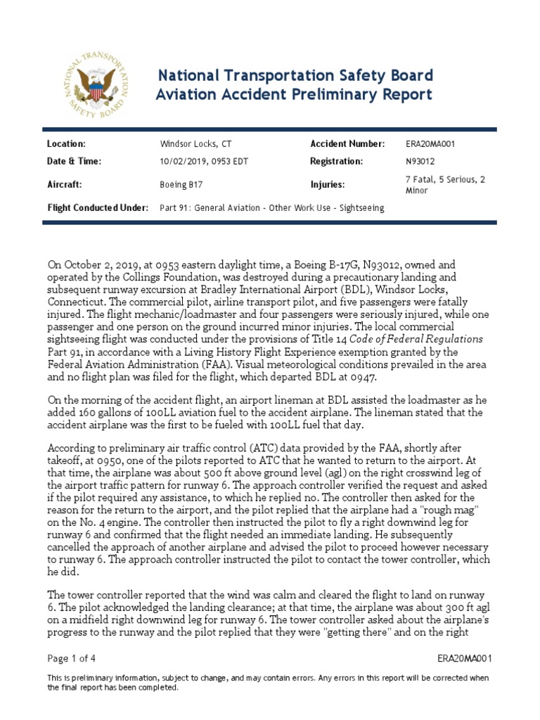 NTSB Releases Preliminary Report On Cause of Fatal B-17 Plane Crash at ...