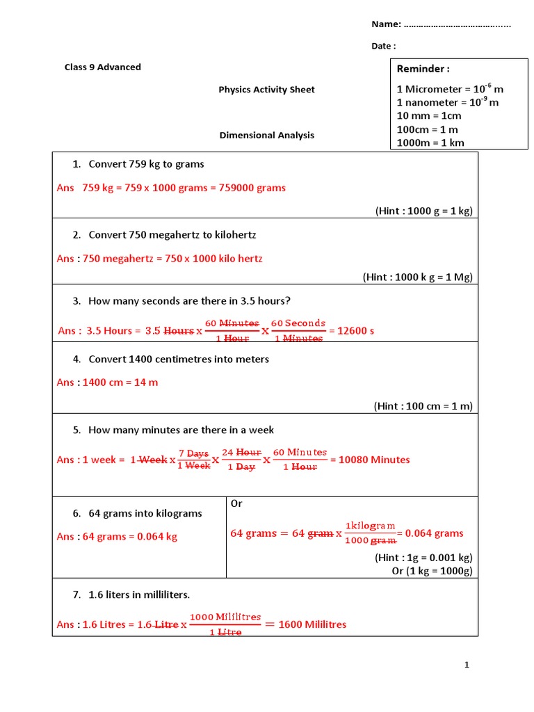 Physics Dimensional Analysis Activity PDF Litre Kilogram