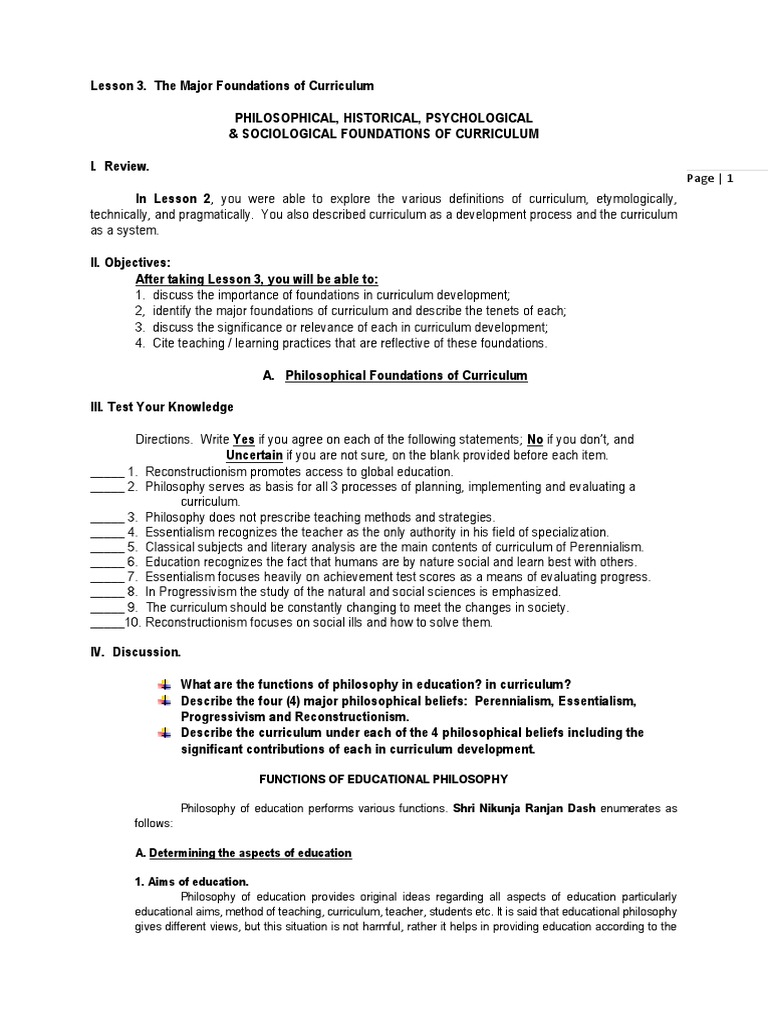 Philosophical Foundations of Curriculum | PDF | Philosophy Of Education ...