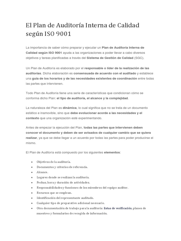 Plan de Auditoría Interna ISO 9001 | PDF | Calidad (comercial) | Auditoría