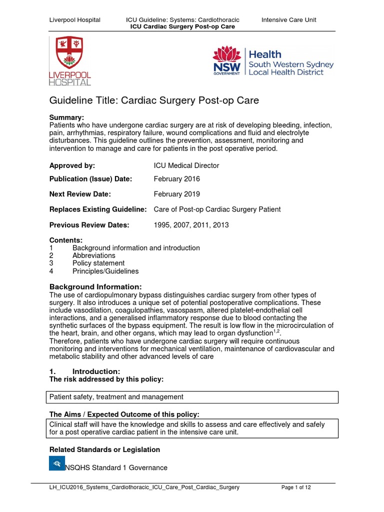 Postoperative Care for Cardiac Surgery | PDF | Intensive Care Unit ...