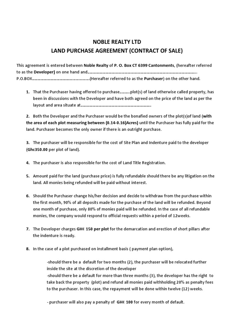 Land Purchase Agreement Contract of Sale  PDF  Business Law Regarding volume purchase agreement template