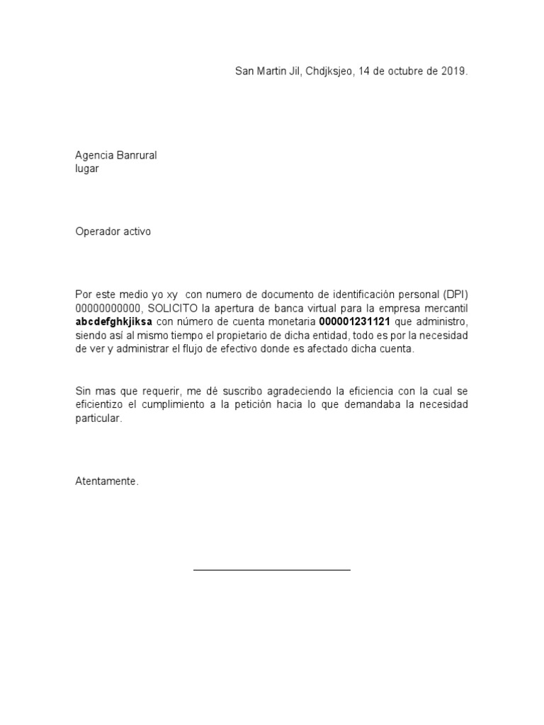 Ejemplo de Carta de Solicitud de Banca Virtual | PDF
