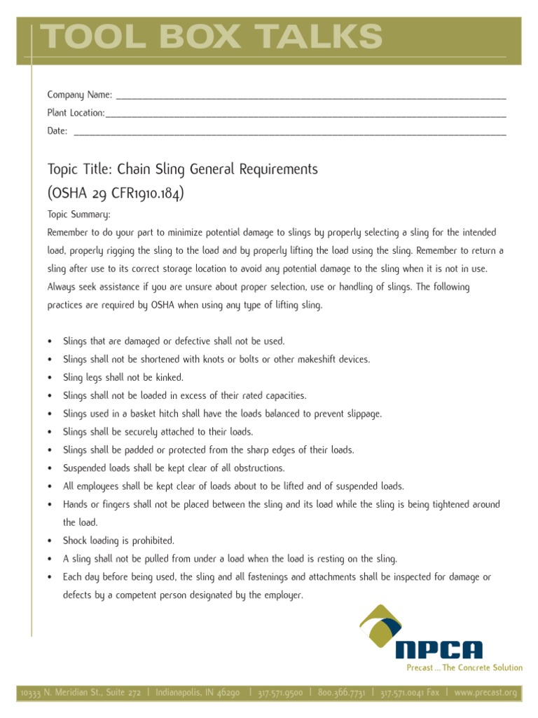 Chain Sling Toolbox Talk PDF Wear Nature