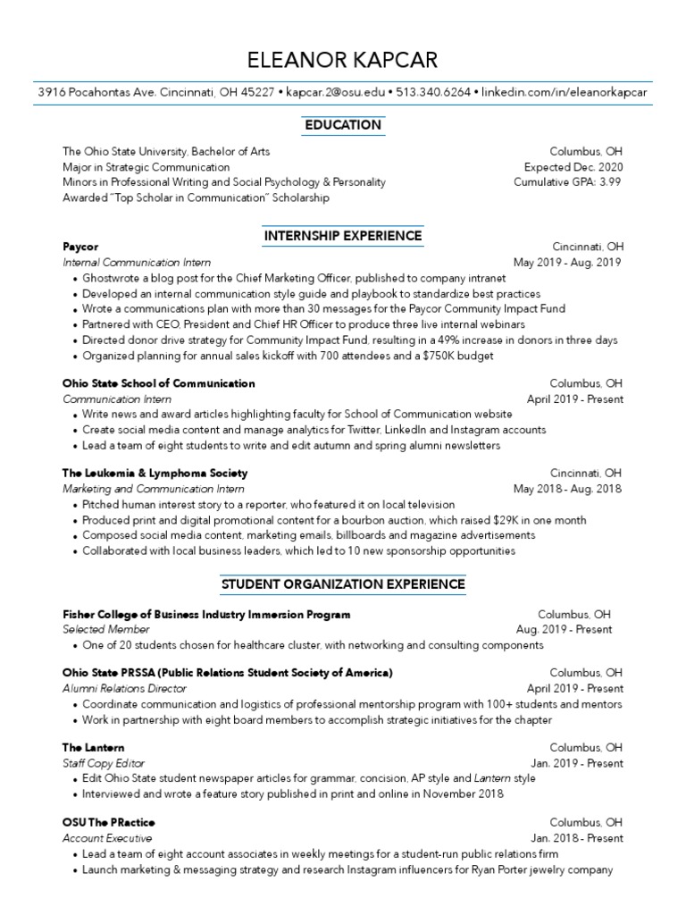 Eleanorkapcar Resume Oct | PDF | Ohio State University | Public Relations