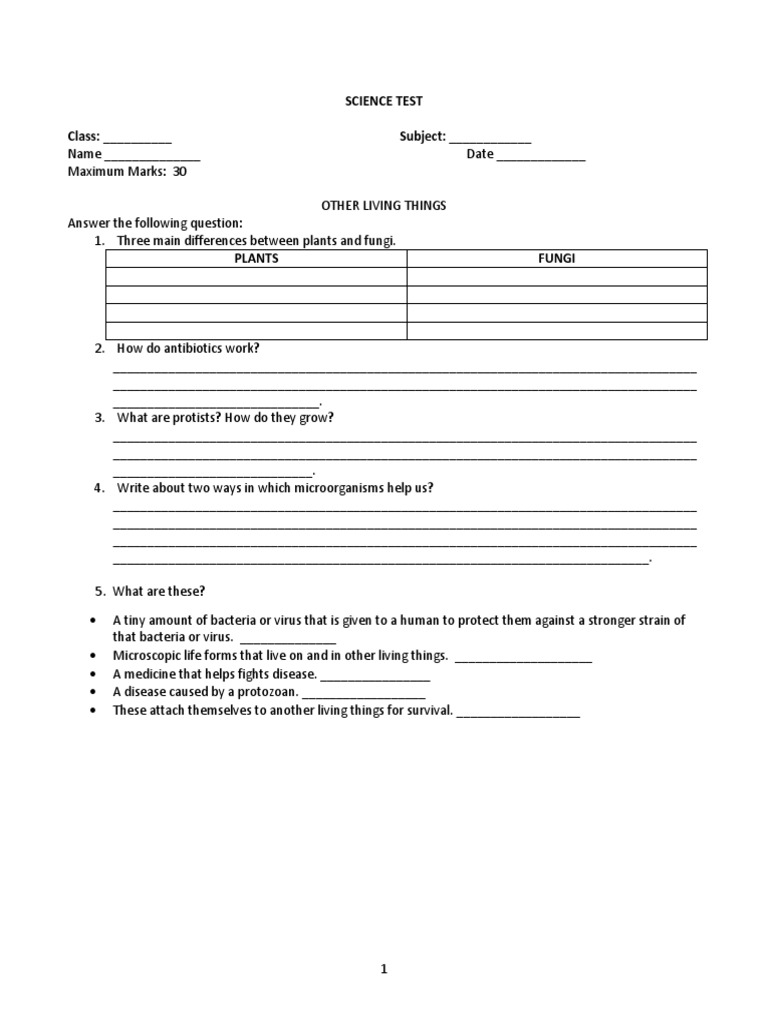 Science Test Class: - Subject | PDF