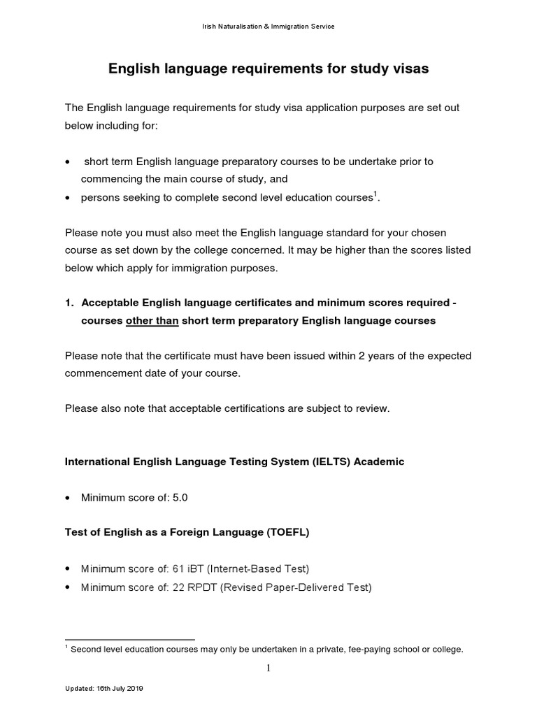 English Language Requirements For Study Visas | PDF | International ...