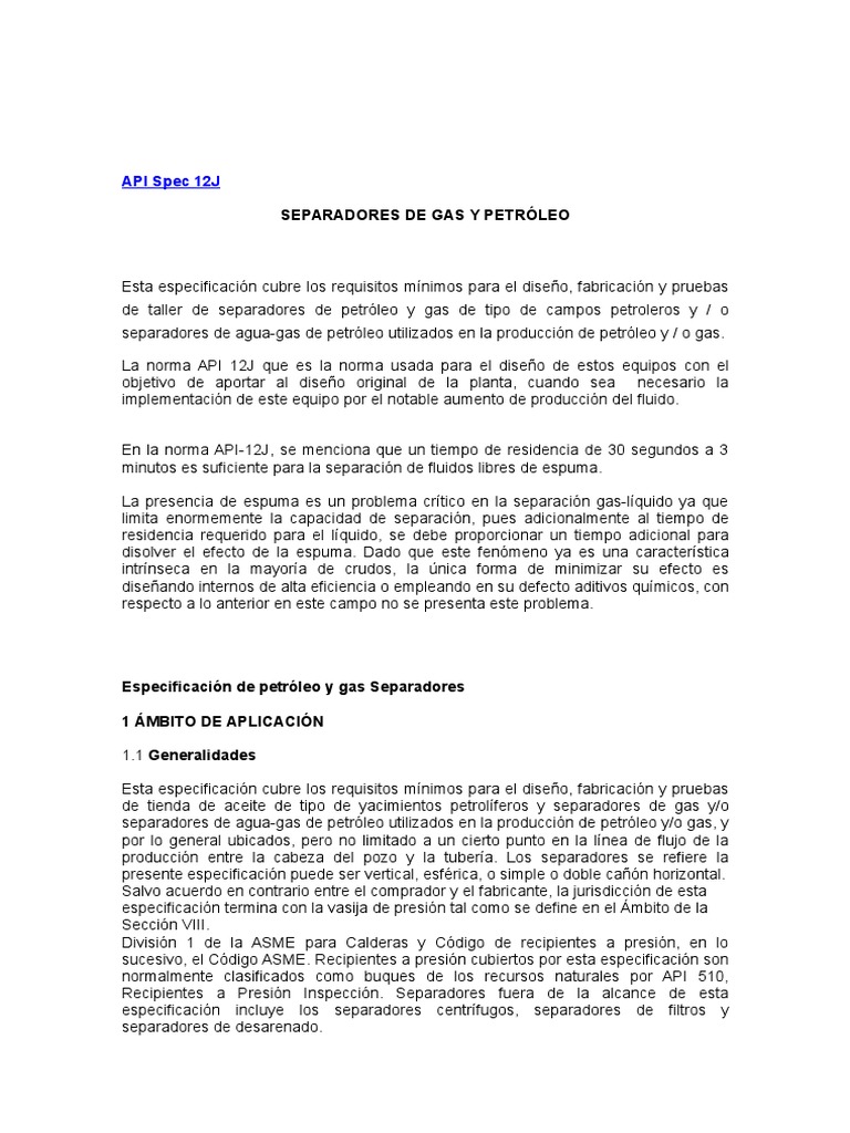 Especificación API 12J para Separadores | PDF | Petróleo | Presión