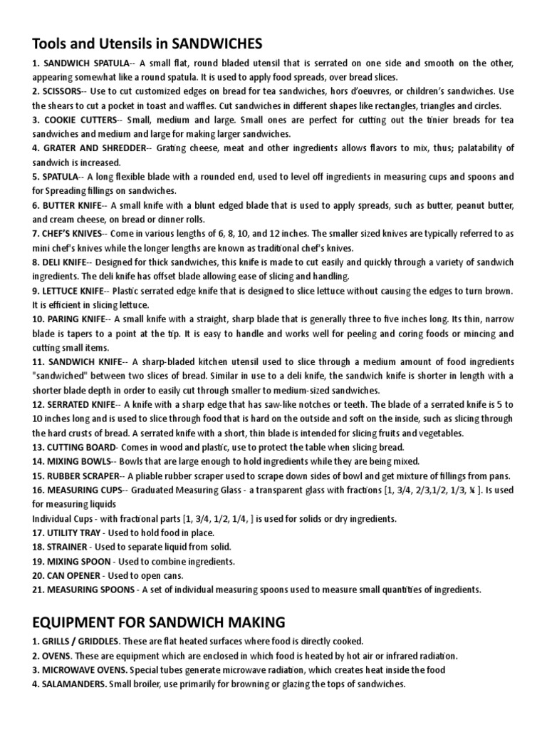 Tools and Utensils in SANDWICHES PDF Knife Grilling