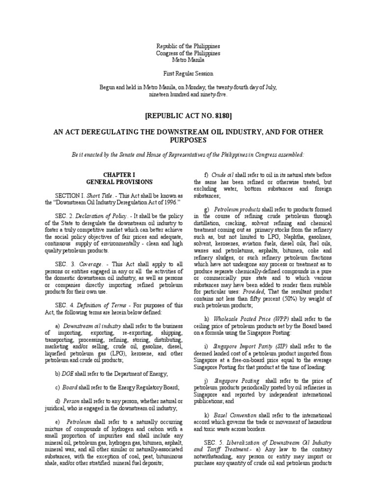 1996.3.27 RA 8180 Oil Industry Deregulation Act of 1996 PDF Oil Refinery Asphalt