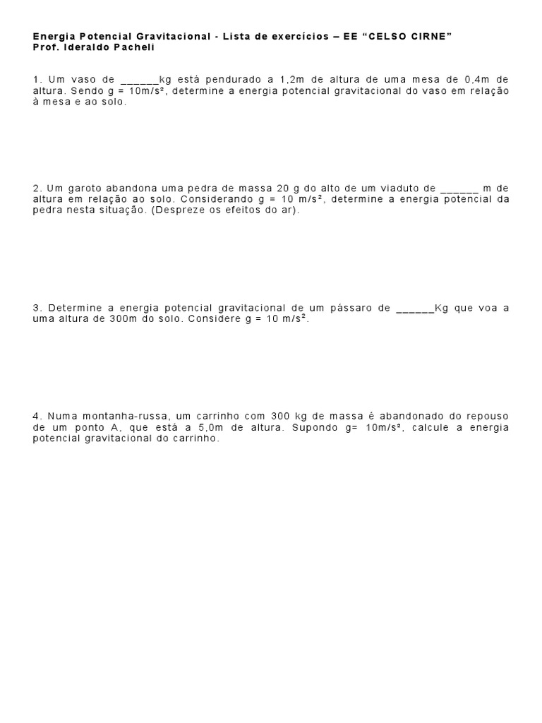 Energia Potencial Gravitacional Lista de Exercícios
