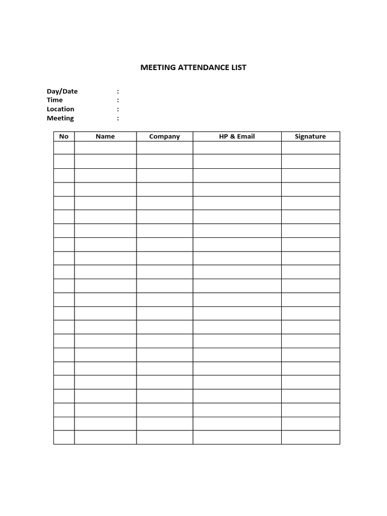 Meeting Attendance List Day Date Time Location Meeting No Name